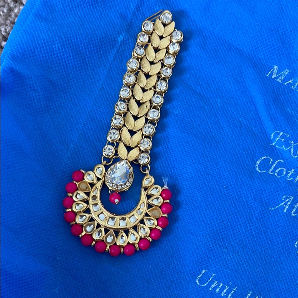 Gold and Pink Kundan-Style Maang Tikka